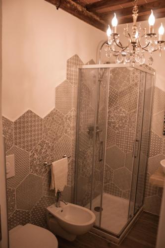 a bathroom with a shower and a toilet and a chandelier at Fonte alle Ninfe B&B in Castiglione dʼOrcia