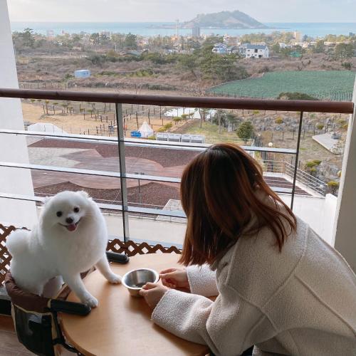 a woman sitting at a table with a white dog on a table at Hi Jeju Hotel in Jeju