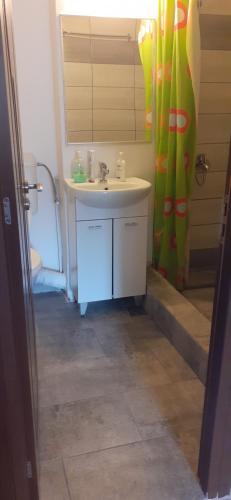 a bathroom with a sink and a shower curtain at Apartament 2 cam Predeal in Predeal