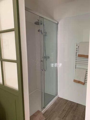 a shower in a bathroom with a glass door at Domaine de Sévanes in Saint-Paul-les-Fonts