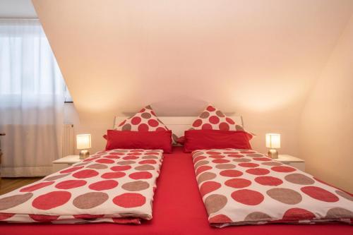 two beds with red pillows in a bedroom at Ferienwohnung Schürer in Meckenbeuren