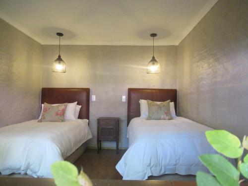 a bedroom with two beds and two lights at Critchley Hackle Dullstroom Leisure in Dullstroom