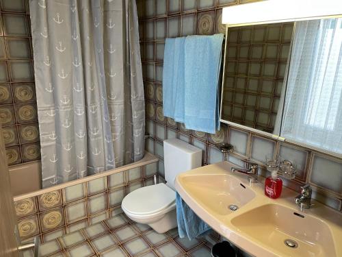 uma casa de banho com um WC, um lavatório e um espelho. em Neptun 3 - im Zentrum von Bad Ragaz, mit kl. Balkon em Bad Ragaz