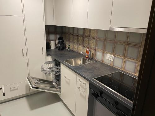 a small kitchen with a sink and a stove at Neptun 3 - im Zentrum von Bad Ragaz, mit kl. Balkon in Bad Ragaz