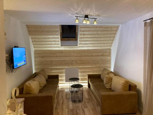 a living room with two couches and a tv at Cud Miód in Wisła
