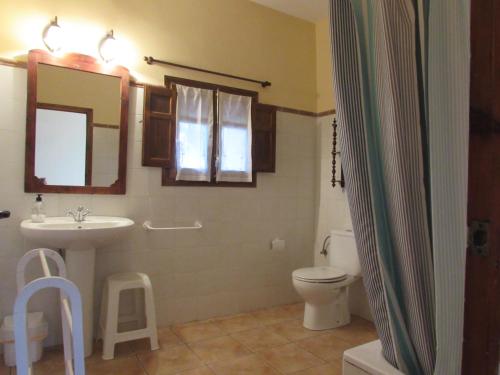 Un baño con lavabo, inodoro y espejo. en Apartamentos Rurales Fuente de Marzo, en Anna