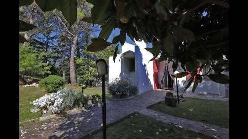 a white house with a yard with trees and plants at Villa Tanya in Trebbiantico