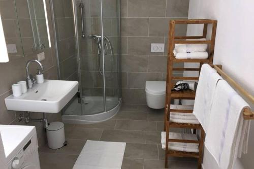 a bathroom with a shower and a sink and a toilet at Gästewohnung Helena in Völkermarkt