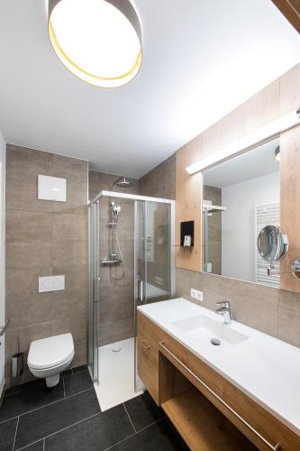 a bathroom with a sink and a toilet and a mirror at A Casa Elements in Serfaus