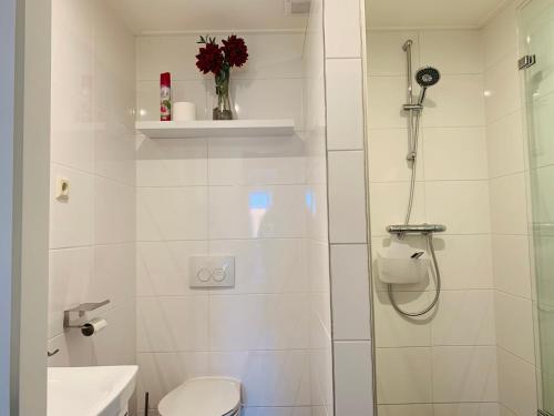 a white bathroom with a shower and a toilet at Huisje nummer 3 - No Companies in Goedereede