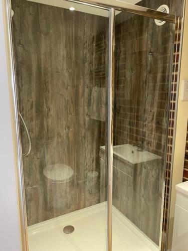 um chuveiro com uma porta de vidro na casa de banho em The Nest Kingston em Winterborne Kingston