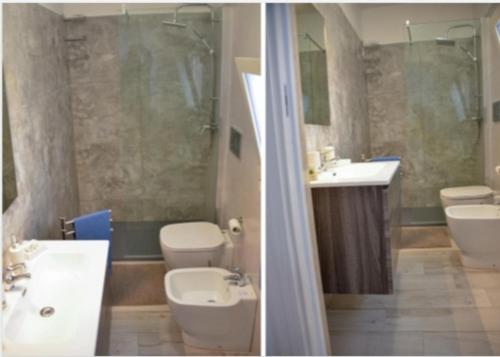 duas imagens de uma casa de banho com dois WC e um lavatório em SALENTO d' aMARE em Torre Lapillo