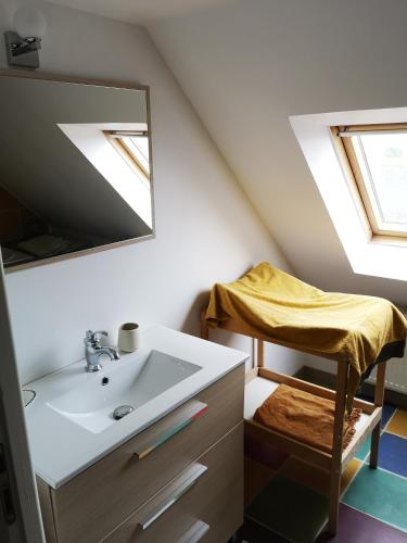 une salle de bain avec un lavabo et un miroir dans l'établissement LE DOMAINE DE COAT ROGAN L'espace familial, à Ploëzal