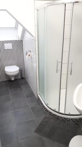 a bathroom with a glass shower and a toilet at Penzion Bolatice in Bolatice