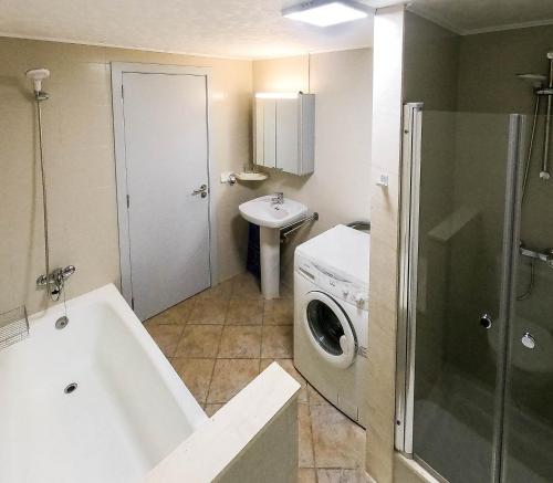 La salle de bains est pourvue d'un lave-linge et d'un lavabo. dans l'établissement Gerry&Lotti Apartment, à Son Bou