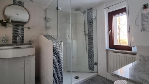 a bathroom with a glass shower and a sink at Historisches Haus Unkelbach in Irlenborn