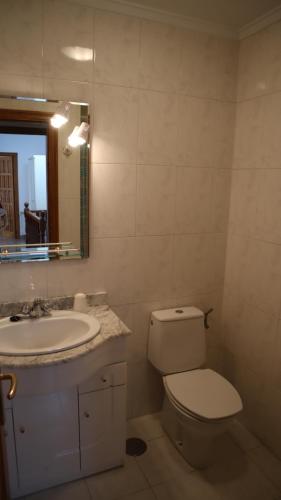 W łazience znajduje się toaleta, umywalka i lustro. w obiekcie Apartamento Picos de Europa w mieście Santa Maria de Valdeón