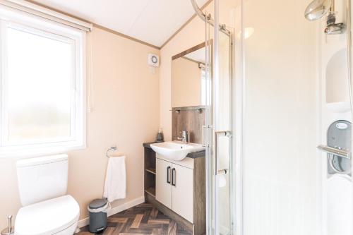 a bathroom with a sink and a toilet and a window at Springwell Lodge With Hot Tub in Malton