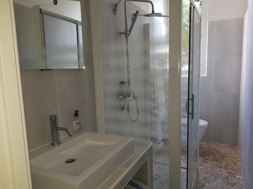 a white bathroom with a sink and a shower at FLEUR DE SEL in Saint-Trojan-les-Bains