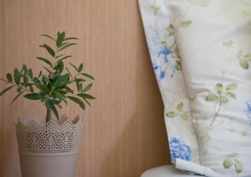 a plant in a white vase next to a curtain at Niriides in Porto Koufo