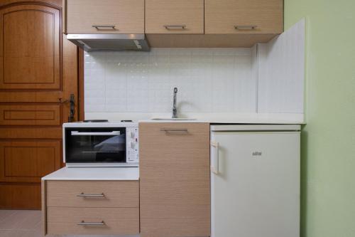 a kitchen with a microwave and a refrigerator at Niriides in Porto Koufo