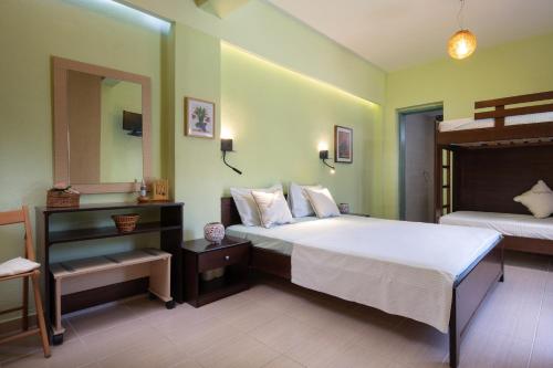a bedroom with a large bed and a mirror at Niriides in Porto Koufo