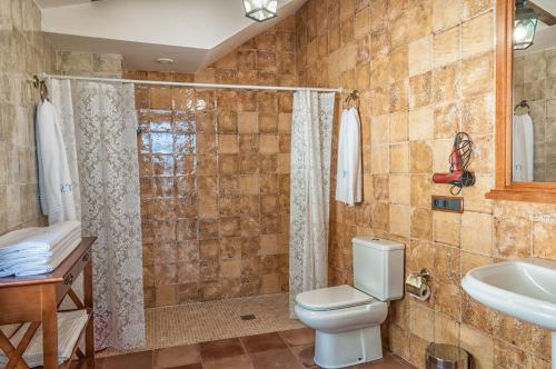 a bathroom with a toilet and a shower and a sink at ALCALA DEL JUCAR, Casa rural Río Tranquilo 2 -LUXURY 5 Estrellas- in Alcalá del Júcar