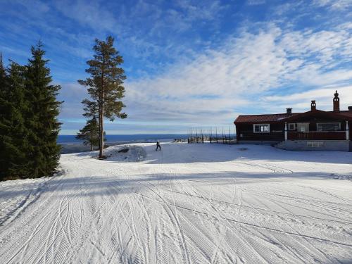 a person is skiing down a snow covered slope at Dalastugan in Mora