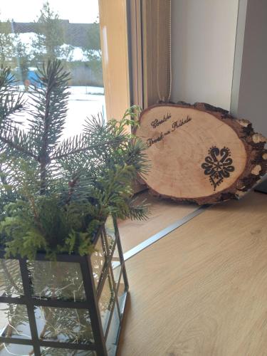 a large tree stump sitting next to a window at Góralskie Domki na Podhalu - z jacuzzi in Maniowy