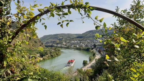 a boat on a river in a valley at Ferienwohnung Luna in Cochem