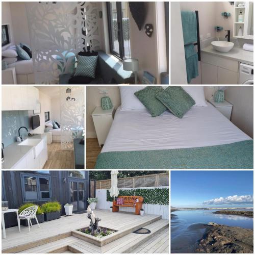 a collage of photos of a bedroom and a living room at Aroha Tiny House Peka Peka in Waikanae