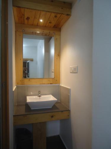 a bathroom with a sink and a mirror at Greenberg cottages Mararikulam in Mararikulam