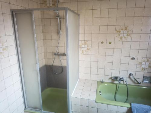 W łazience znajduje się prysznic i zielona wanna. w obiekcie Haus Theresia w mieście Kleinostheim