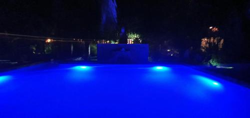 a swimming pool lit up at night with blue lights at Hotel ECOLODGE LE RAVORAHA in Sainte Marie