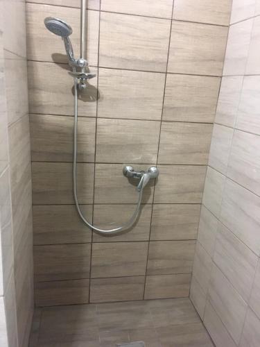 a shower with a hose on a tile wall at VOTIVI in Sanok