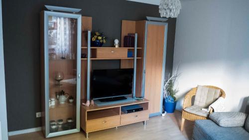 a living room with a entertainment center with a flat screen tv at Schwalbe Hochdorf An der Hohlgasse in Freiburg im Breisgau