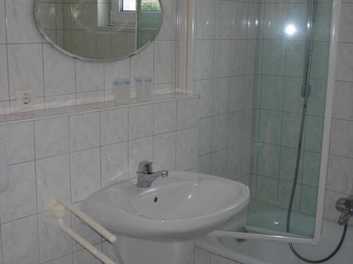 a bathroom with a sink and a shower with a mirror at Schwalbe Hochdorf An der Hohlgasse in Freiburg im Breisgau