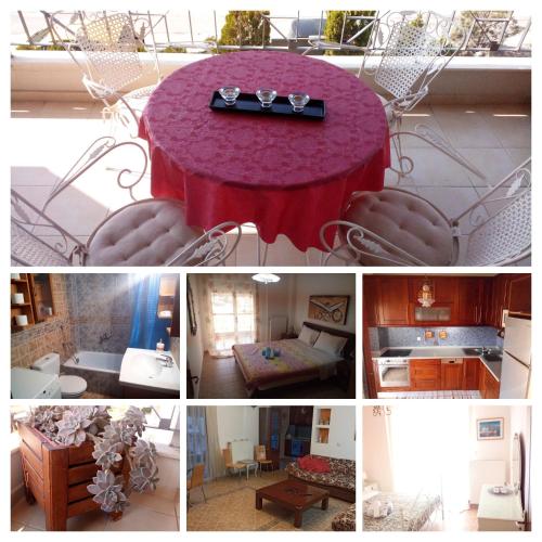a collage of photos of a table with a red table cloth at RITSA APARTMENT in Perea
