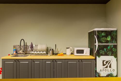 eine Küche mit einer Spüle und einer Theke mit einer Mikrowelle in der Unterkunft Hostel Apollo in Kirow