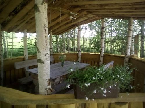 a wooden porch with a wooden table and some plants at Viesu māja Kaķis krūzē in Folvarcīši