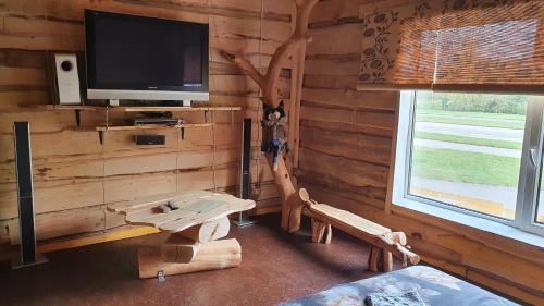 ein Wohnzimmer mit einem TV und einer Holzwand in der Unterkunft Viesu māja Kaķis krūzē in Folvarcīši