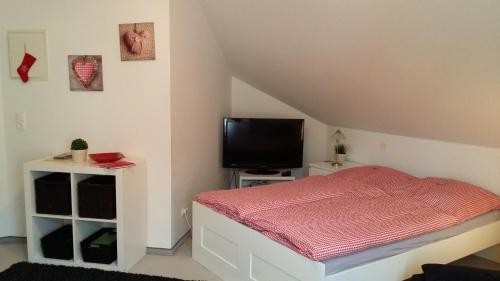 Dormitorio pequeño con cama y TV en Apartment Gosch an der Skiwiese, en Braunlage