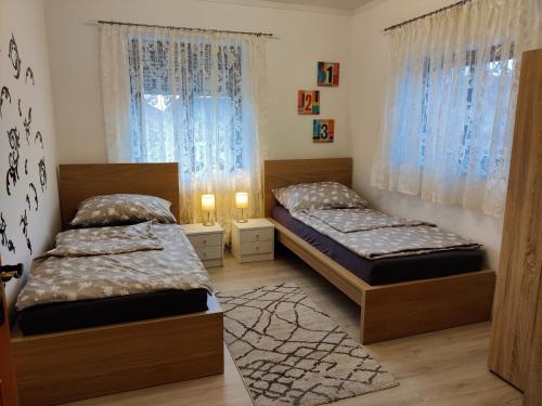 two beds in a bedroom with two windows at Holiday Home in Quiet Beautiful Area With Two Separate, Modern, Furnished Apartments in Deutsch-Wagram