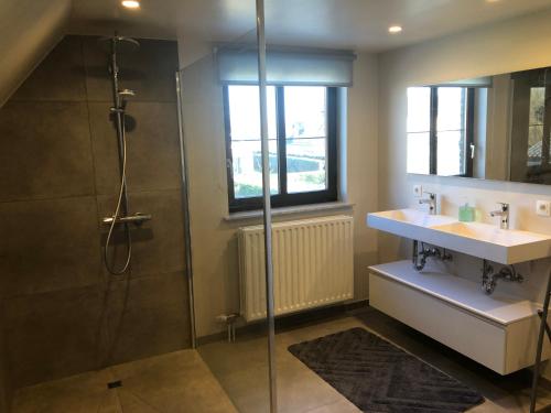 een badkamer met een wastafel en een douche bij B&B Carisma in Lochristi