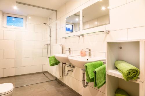 łazienka z umywalką, toaletą i lustrem w obiekcie Ferienwohnung Schirla Stub´m w mieście Krispl