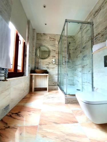 a bathroom with a glass shower and a tub at Croix Blanche de Sologne in Chaumont-sur-Tharonne