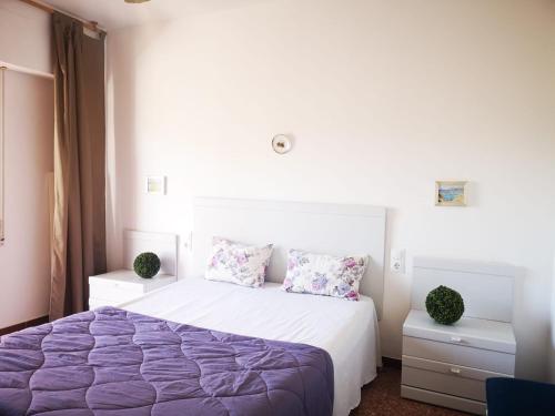 サロウにあるApartamento Victoriaのベッドルーム1室(紫のシーツが敷かれた大型ベッド1台付)