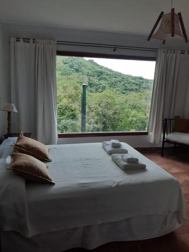 a bed in a bedroom with a large window at Nuevas Cabañas Del Sol in San Lorenzo