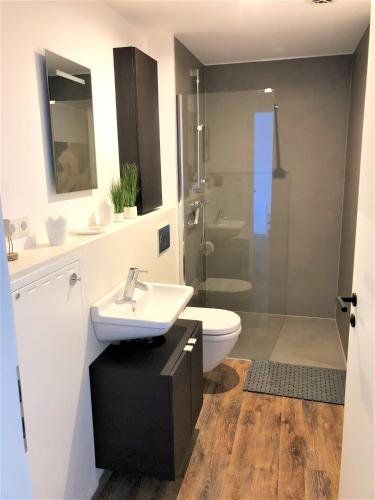 a bathroom with a sink and a toilet and a shower at Meeresrauschen in Laboe