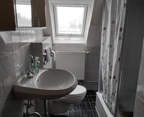 La salle de bains est pourvue d'un lavabo, de toilettes et d'une fenêtre. dans l'établissement Gasthaus Bikertreff, à Gablingen